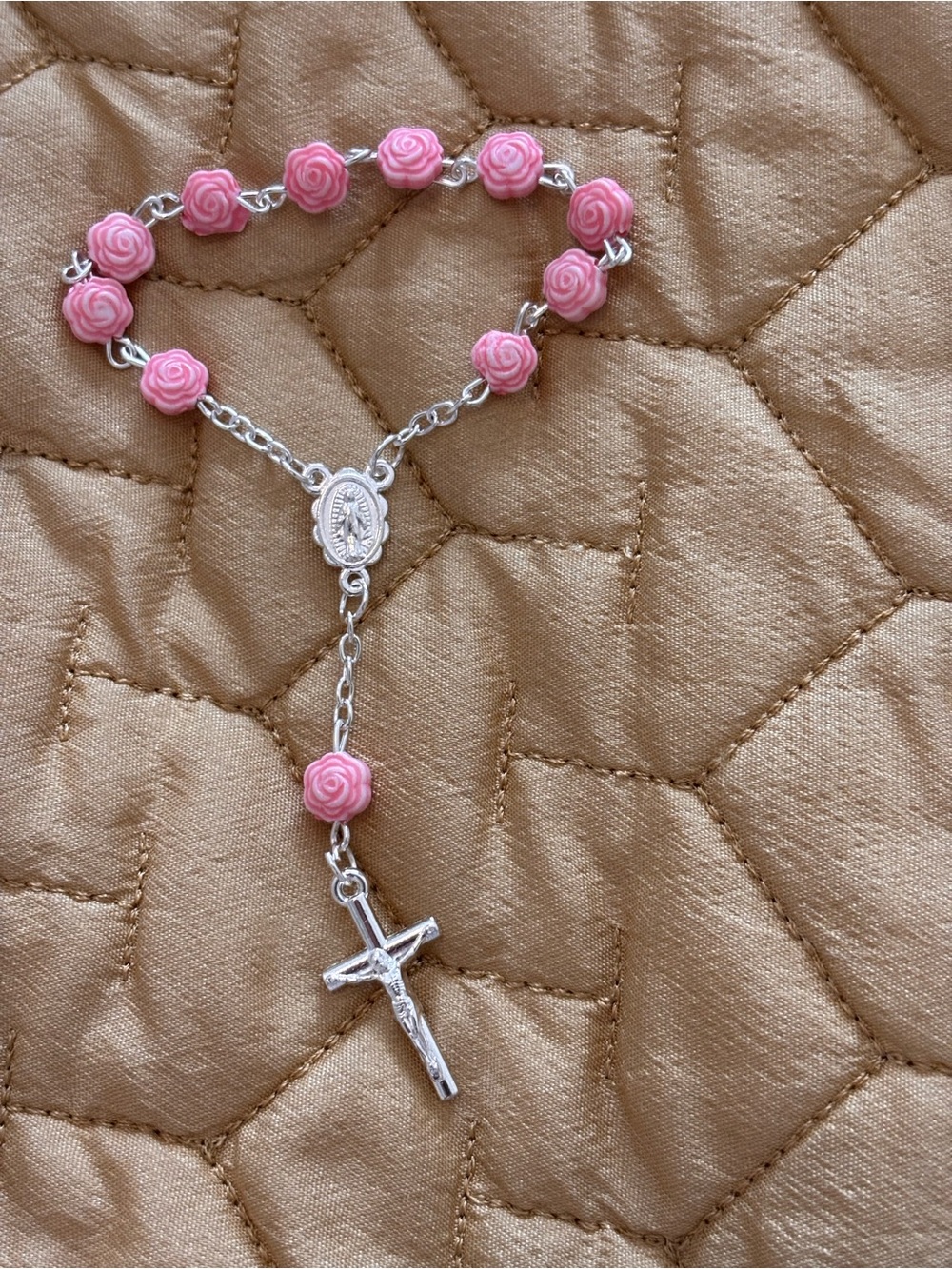 Pink Rose bead Rosary Bracelet with Silver Tone Crucifix - great gift. New